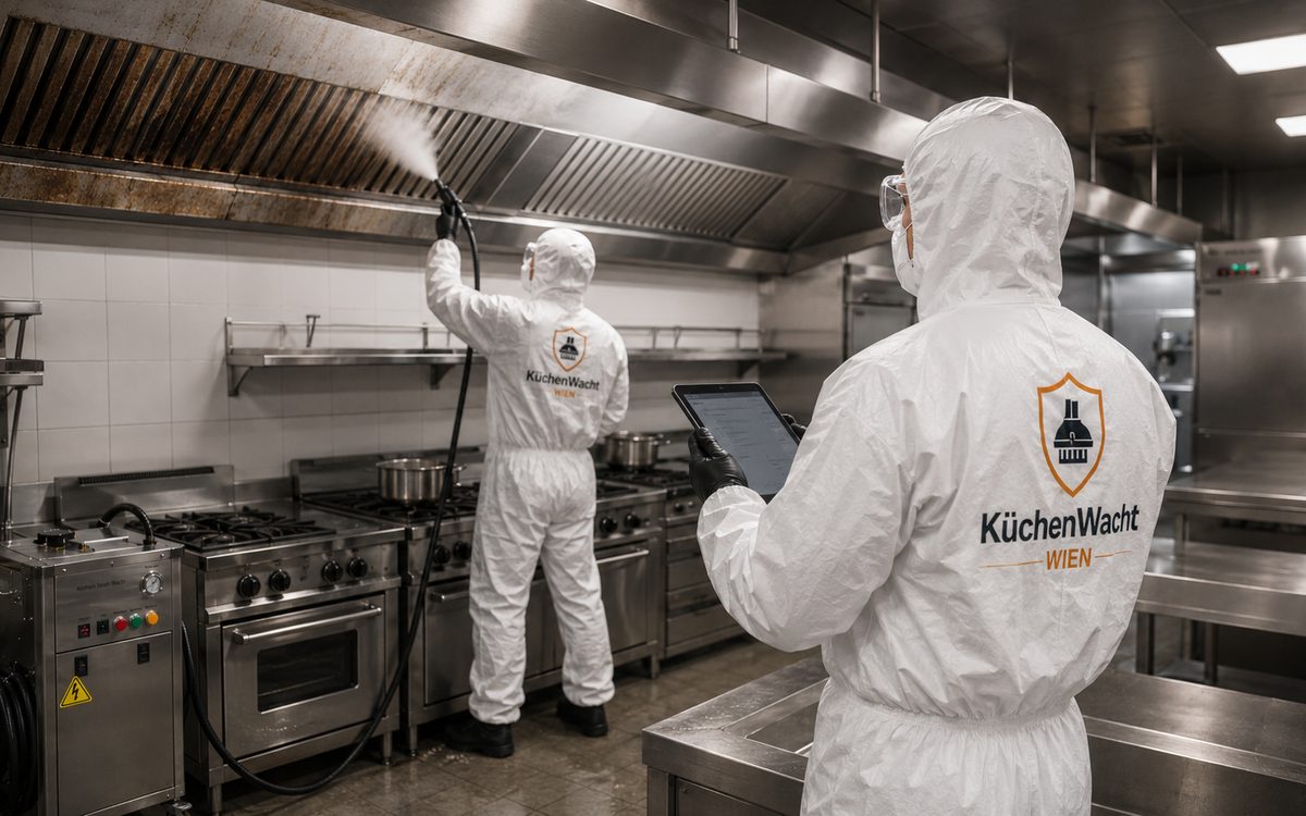 KüchenWacht-Einsatz in einer Gastroküche: Trockendampf an der verfetteten Abzugshaube, die Dokumentation entsteht parallel am Tablet
